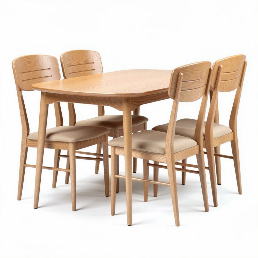 Conjunto de mesa retangular em madeira clara com seis cadeiras estofadas em tecido bege 150 x 90 x 75cm