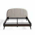 Estrutura de cama com cabeceira estofada em tecido bege e madeira escura 200 x 160 x 90cm