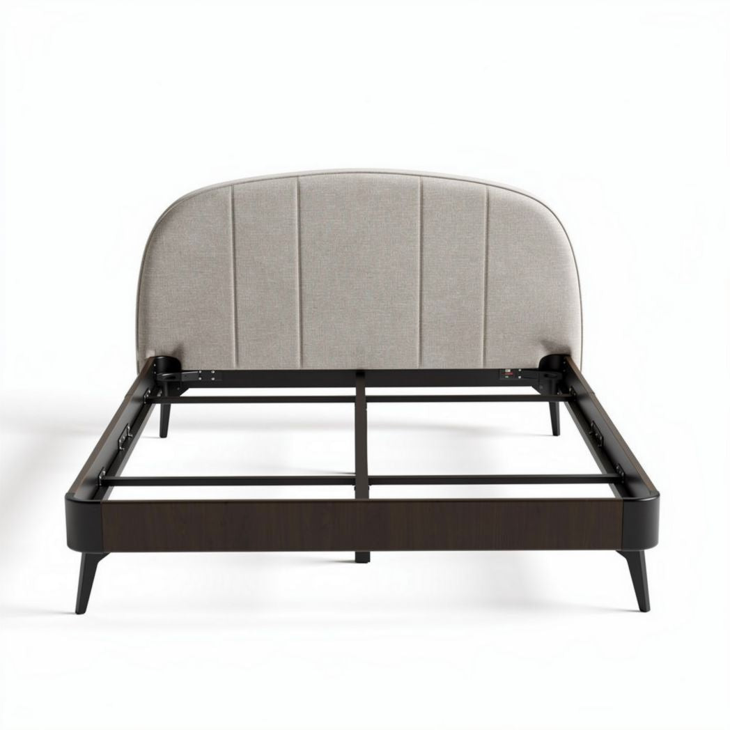 Estrutura de cama com cabeceira estofada em tecido bege e madeira escura 200 x 160 x 90cm
