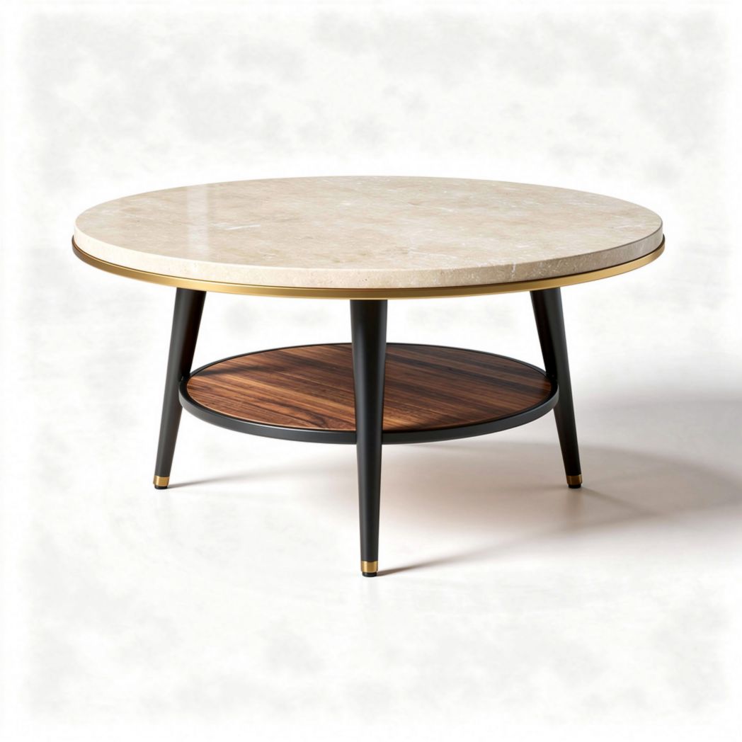 Mesa de centro redonda em mármore e madeira com prateleira inferior 100 x 100 x 40cm